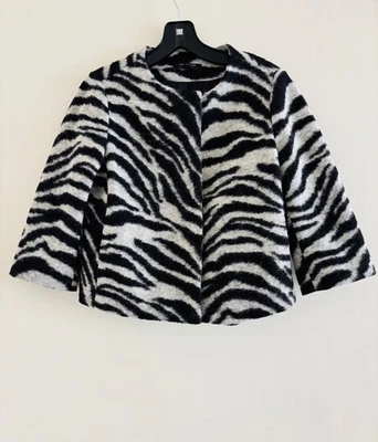 Chaqueta sin cuello Ann Taylor estampado cebra mezcla lana con mangas cortas, negra, XSP Foto 1 de 4