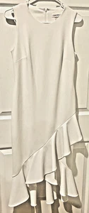 Vestido de fiesta nupcial Calvin Klein blanco sin mangas alto bajo con volantes talla 6 - Imagen 1 de 5