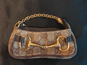 GUCCI Horsebit chain Coin Mini Pouch Purse Case Wallet GG Canvas Brown - Picture 1 of 16