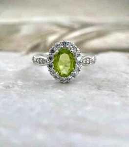 2.90 Ct Natural Peridot & Diamond Engagement Ring Real 14K White Gold Size 5 6 7 - Picture 1 of 10