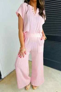 Women's 2 Piece Textured Top & Wide Leg Pants Set - Picture 1 of 9