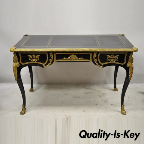 French Louis XV Black Lacquer Bronze Figural Ormolu Bureau Plat Writing Desk Cover