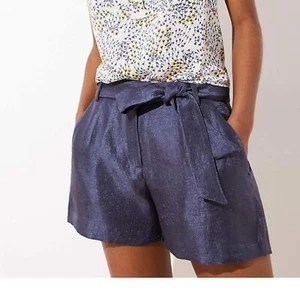 LOFT Shimmer Fluid Tie Belt Pleated Waist Dressy Shorts Size 6 Blue Coastal Grey - Picture 1 of 9