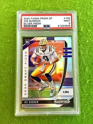 JOE BURROW SILVER PRIZM ROOKIE CARD GRADED PSA 9 MINT LSU 2020 Prizm  BENGALS - Image 1 of 4