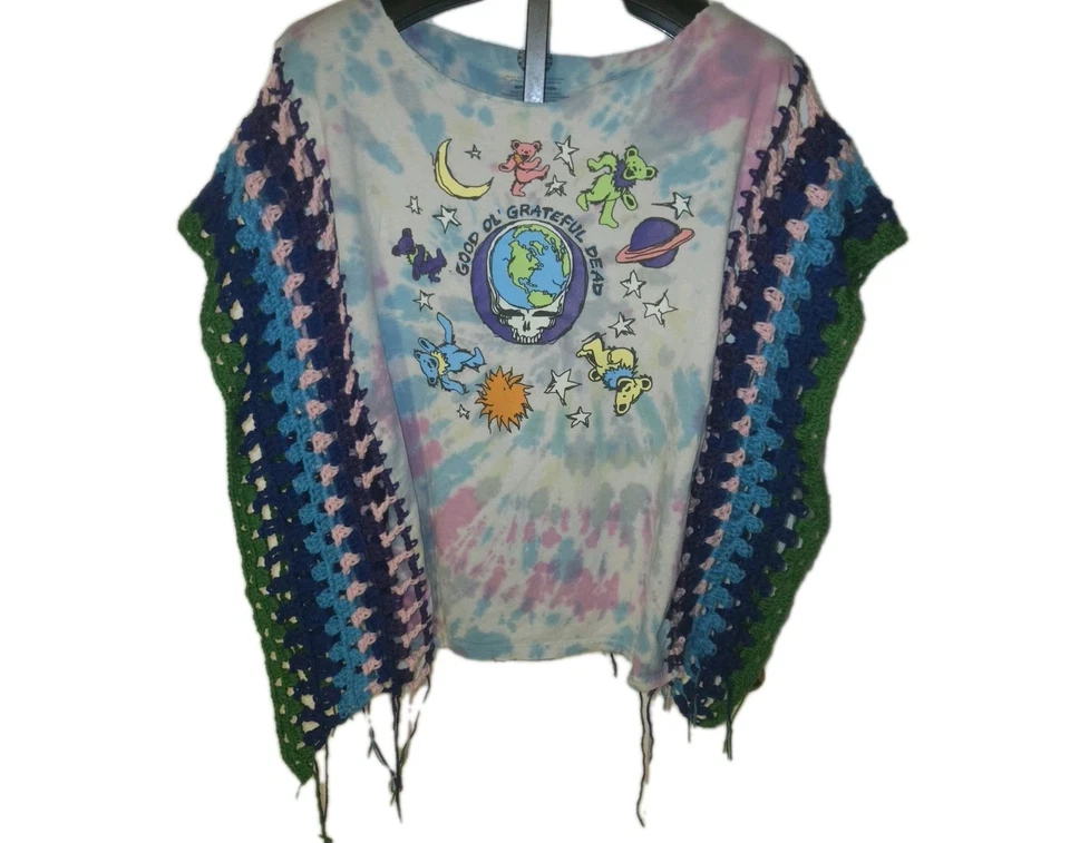 Camiseta Grateful Dead Crochet PONCHO Talla L - XL Hecha a Mano Vintage Camiseta Reciclada Foto 1 de 4