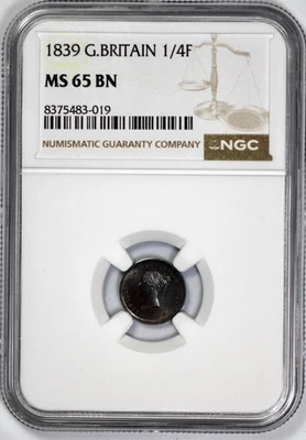 1839 Great Britain 1/4F Quarter Farthing NGC MS 65 BN Brown - Image 1 of 4