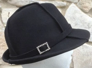 Preston & York Hat Women's Black Wool Derby Bowler Rhinestone Buckle 2 Inch Brim - Picture 1 of 7