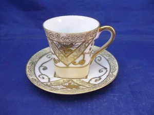 ANTIQUE MINIATURE TEA CUP & SAUCER - HAND PAINTED WHITE, YELLOW AND GOLD - JAPAN - Picture 1 of 12