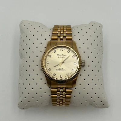 MEN'S GOLD FINISH FASHION PHILIP PERSIO DRESSY CASUAL WATCH NEW BATTERY - Image 1 of 4