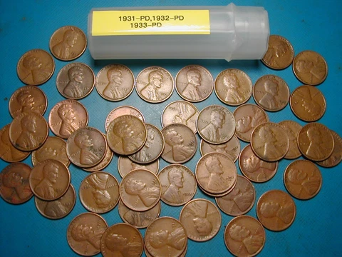 1931-P&D, 1932-P&D, 1933-P&D LINCOLN WHEAT CENT ROLL, 50 coins, tough dates! Cover