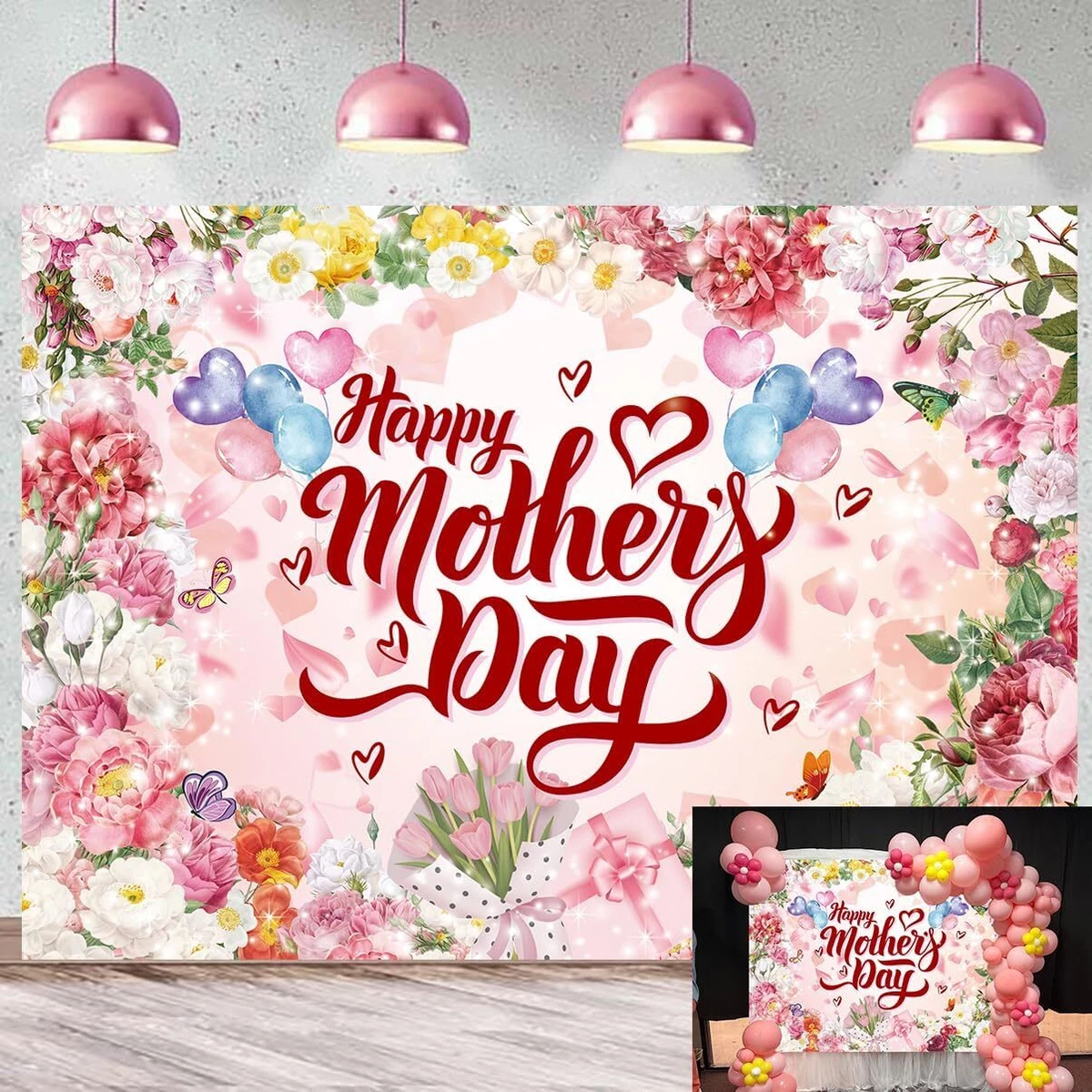 Glitter Happy Mother's Day Banner & Thanks Mom Garland - 2 Piece Purple Party Decor, 9.8ft Long, For Wall & Ceiling