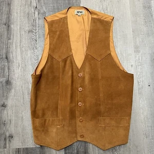 Vintage 1970s GAP Suede Vest Camel Cognac Tan Hippie Western Waist Coat Mens XL - Picture 1 of 5