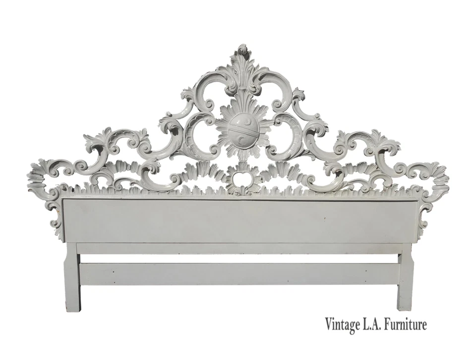Vintage French Louis XVI Style Rococo White King Headboard Scrolls & Flourishes - Image 1 of 4