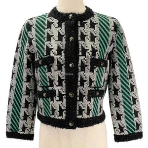 2024AW CHANEL Ladies Coco button Cardigan Houndstooth Green/Noir (Black)/Bla... - Picture 1 of 10