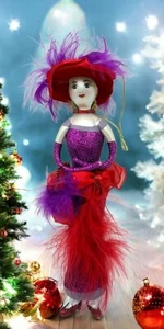 De Carlini Lady Shopper Glas Weihnachtsschmuck lila Glitzer Kleid Federn - Bild 1 von 10