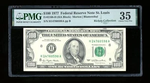 DBR 1977 $100 FRN St. Louis Fr. 2168-H PMG 35 Serial H14760598A - Picture 1 of 2