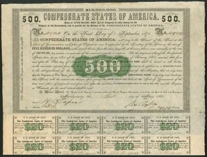 U.S.A., Confederate States, Act of 28th Feb 1861, redeemable Sept 1871, $500 - Picture 1 of 1