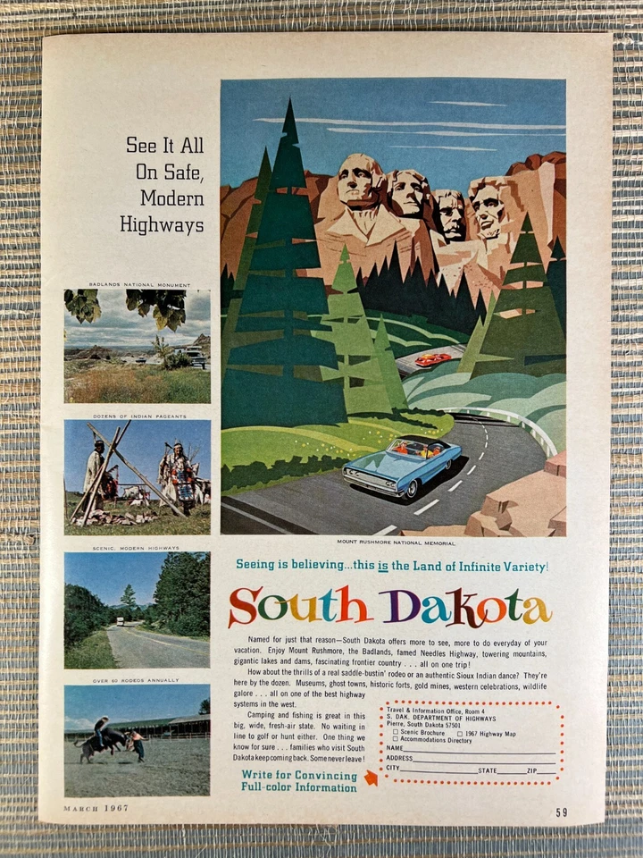 South Dakota Travel Tourism Badlands Mount Rushmore 1967 Vintage Print Ad - Image 1 of 1