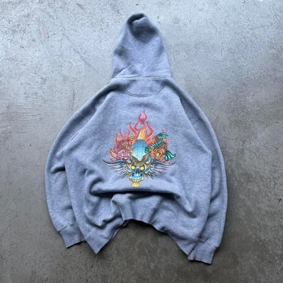 Pantalones de mezclilla JNCO de los 90 estilo tatuaje mech koi pez dúo y calavera corona llamas sudadera con capucha patinador Foto 1 de 4