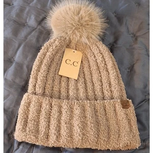 C.C. Beanie Womens OSFM Tan Minimalist Neutral Knit Pom Outdoor Cozycore Cozy - Picture 1 of 5