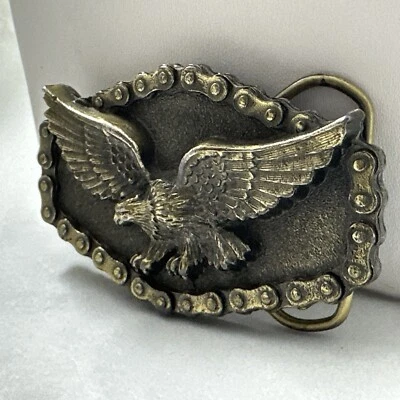 The Great American Buckle Co American Eagle & Motorcycle Chain Belt Buckle 1983 - Image 1 of 4