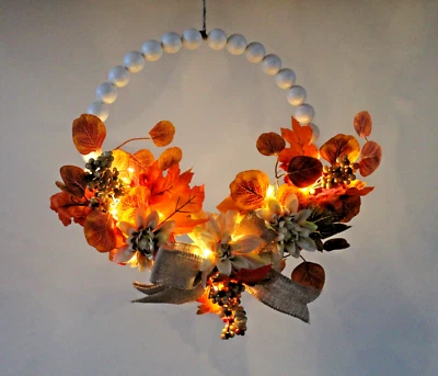 Türkranz Herbst m. LED Lichterkette Blätter Beeren Jute 45 cm Fensterdeko Kranz - Bild 1 von 2