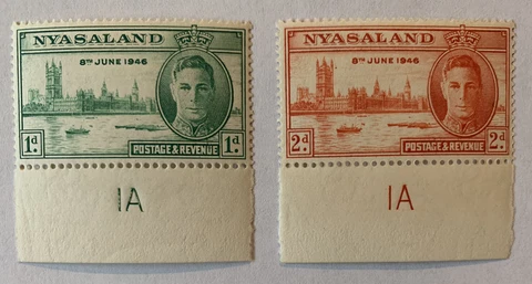 1946 BRITISH CORONATON NYASALAND #82-83 VICTORY MNH STAMPS WITH PLATE #IA Cover