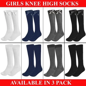 Ladies Girls Knee High Socks Long Plain Cotton School Uniform Bow 3 Pairs - Picture 1 of 13