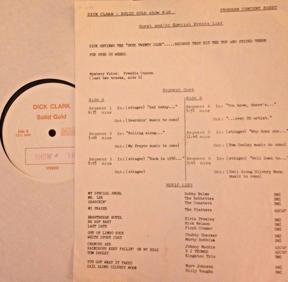 RADIO SHOW #10 DICK CLARK'S 20 WEEK CLUB: ELVIS PRESLEY, COASTERS, RICKY NELSON - Image 1 of 1