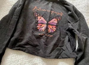 Girls cropped longsleeve top pink butterfly & dark grey by George aged 5-6 yrs - Picture 1 of 6