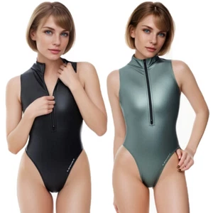 LEOHEX Damen sexy mattes Finish Wettkampf Bademode Frontreißverschluss hochgeschlossen Badeanzug - Bild 1 von 25