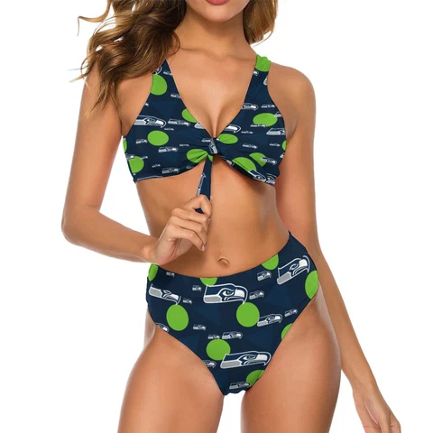 2pcs Seattle Seahawks Womens Bow Tie Bikini Printed Swimsuit, with Chest Pad Cover
