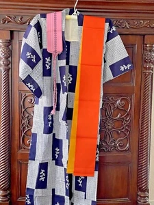 VINTAGE 1950's Japanese Womens 57" Cotton KIMONO with BELT & SASH New - Picture 1 of 4