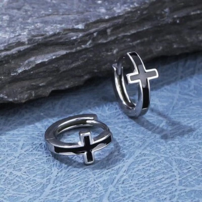 Mens Small Black Cross Huggie Hoop Earrings Surgical Steel Gothic Punk Jewelry - Image 1 of 4
