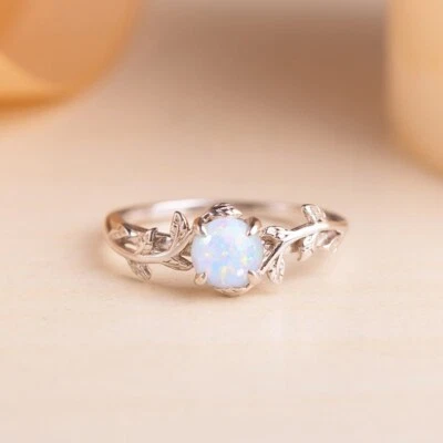 Anillo de compromiso ramita delicada de plata de ley 925 ópalo de fuego redondo blanco natural Foto 1 de 4
