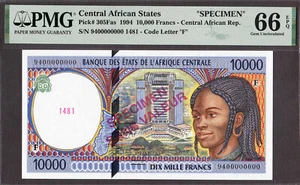Central African States 10,000 Francs SPECIMEN 1994 P-305Fas GEM UNC PMG 66 EPQ - Picture 1 of 2