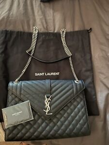 Saint Laurent Envelope Silver Hardware Shoulder Bag Medium Black Leather