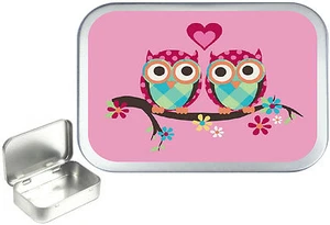 Pink Love Owl's .Silver Hinged Tobacco Tin, Sewing Kit .Pill Box, 1oz & 2oz - Picture 1 of 5