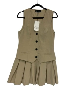 Vestido Chaleco Zara Mujer L Grande Beige Caja Plisado Dobladillo Cuello en V 2157/554 Nuevo con Etiquetas Foto 1 de 4