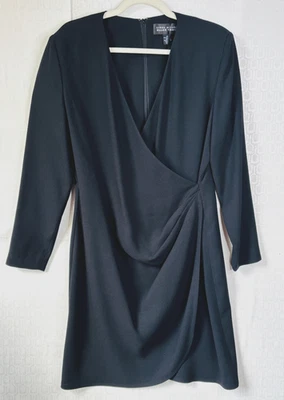 VTG LINDA ALLARD ELLEN TRACY BLACK CREPE CINCHED V-NECK  WRAP FRONT DRESS 10 M - Image 1 of 4