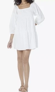 Billabong Dress Love Crush Babydoll Tiered Lined Cotton Peasant Puff White XS - Picture 1 of 8