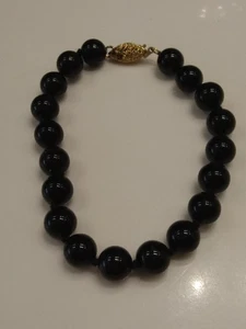 1980's Gold Over Sterling Black Onyx Bead Bracelet 4mm 7 Inches - Picture 1 of 3