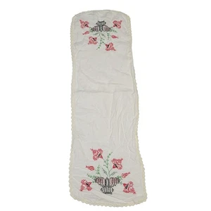 Hand Embroidered Linen Table Runner Red Floral Cross Stitch Crochet Trim - Picture 1 of 8