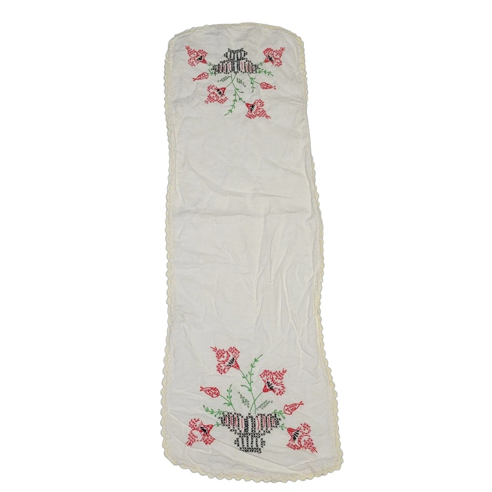 Hand Embroidered Linen Table Runner Red Floral Cross Stitch Crochet Trim - Image 1 of 4