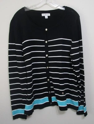 Cárdigan Suéter KIM ROGERS Negro Teal Blanco Rayas Grande Foto 1 de 3