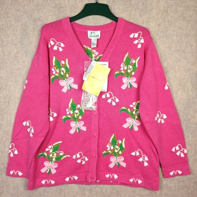 Quaker Factory Pink Floral Embroidered Cardigan Sweater w/ Button Covers LG NWT - Image 1 of 4