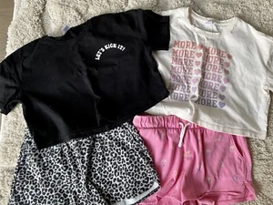 Girls Black Soccer Cream Crop Top Leopard Pink Peace Sign Shorts Size 10/12 L - Picture 1 of 5