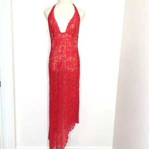 Y2K Victoria’s Secret Asymmetrical Halter Mesh Lace Maxi Slip Dress XL Red - Picture 1 of 8