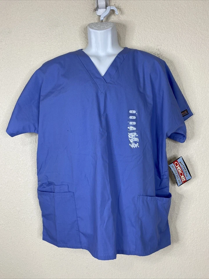 全新带标签 Cherokee 男女成人 L 码蓝色 V 领磨砂医疗口袋 — 第 1/4 张图片