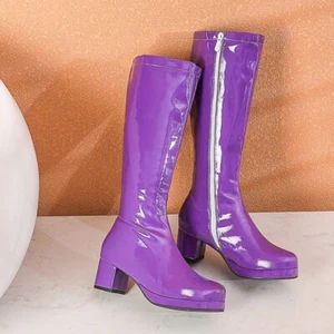 Fashion Square Toe Side Zipper Knee High Patent Leather Boots Chunky Heel Shoes - Picture 1 of 17